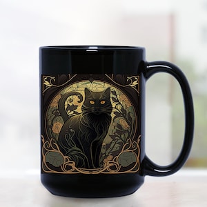 Black Cat Mug, Black Cat Art Nouveau Mug, Spooky Black Cat Mug, Cat Mom Mug, Black Cat Coffee Cup