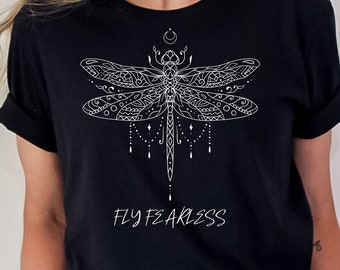 Dragonfly Tee, Fly Fearless Motivational Tee, Dragonfly Art Nouveau Tee, Minimalist Dragonfly Tee, Nature Inspired Shirt, Oversized Graphic
