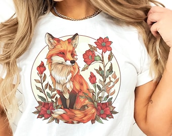 Folk Art Fox Tee, Fox Print Shirt, Fox Lover Gift, Fox Art Nouveau Shirt, Vintage Print Fox Tee, Nature Lover Tee, Fox Graphic Tee