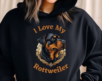 May include: Black hoodie with a graphic of a Rottweiler dog and the text "I Love My Rottweiler".