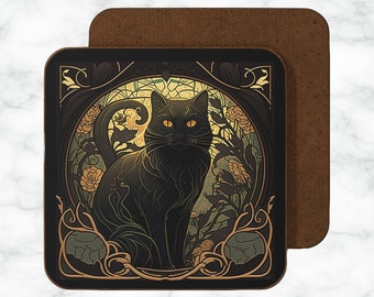 Art Nouveau Black Cat Coaster: Elegant Feline Decor