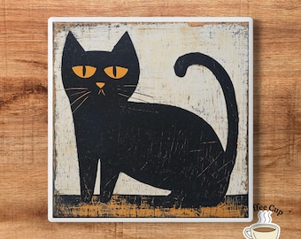 Black Cat Ceramic Coaster, Cute Animal Decor for Cat Lovers, Kitchen Gift, Home Bar Accessory, Halloween Party Decor