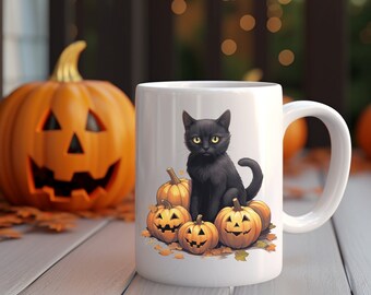 Black Cat Halloween Mug, Black Cat Pumpkin Mug, Halloween Cat Gift, Halloween Mug, Black Cat Owner Mug, Black Cat Lovers, Pumpkin Mug