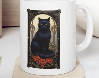 Art Nouveau Black Cat Mug: Spooky Halloween Cat Lover Gift