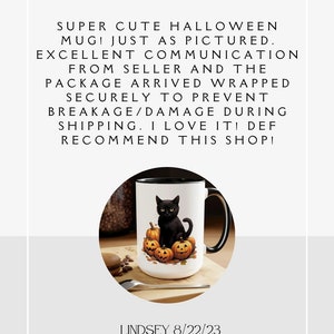 May include: White ceramic Halloween mug with a black cat sitting on pumpkins. The mug has a black handle and rim. The text "REVIEW" and customer feedback are also visible.