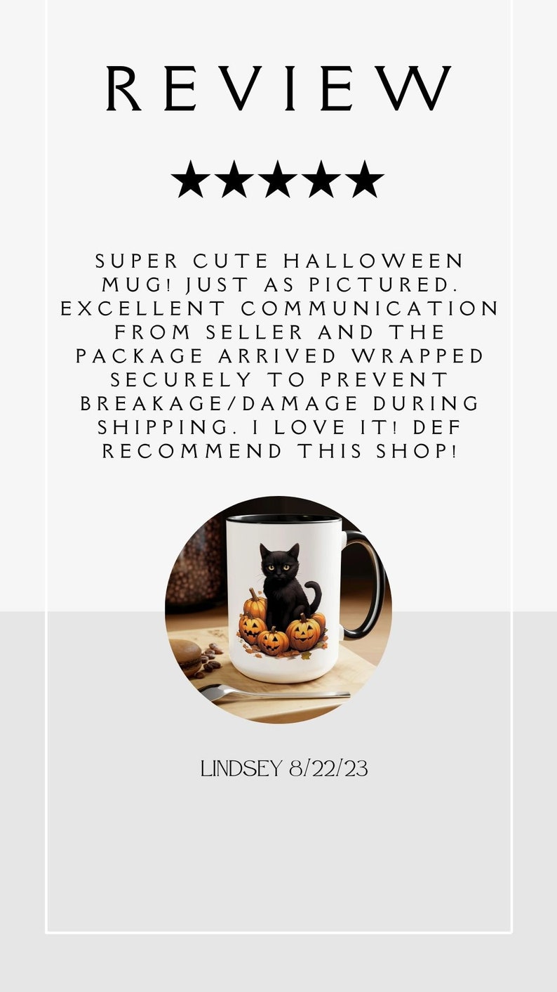 May include: White ceramic Halloween mug with a black cat sitting on pumpkins. The mug has a black handle and rim. The text "REVIEW" and customer feedback are also visible.
