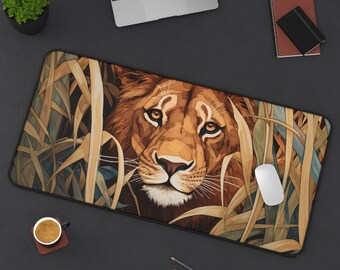 Tapete de escritorio con diseño de león: decoración de oficina con temática de vida silvestre, espacio de trabajo inspirado en la naturaleza