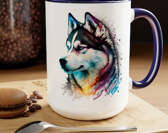 May include: White ceramic mug with a blue rim and handle. The mug features a colorful watercolor illustration of a husky dog's head.