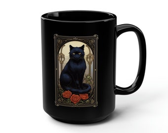 Art Nouveau Black Cat Mug: Spooky Halloween Coffee Cup