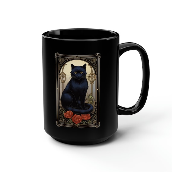 Art Nouveau Black Cat Mug: Spooky Halloween Coffee Cup