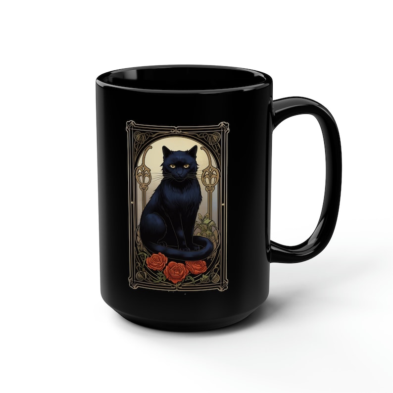 Art Nouveau Black Cat Mug: Spooky Halloween Coffee Cup image 1