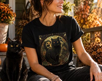 Black Cat Tee, Black Cat Art Nouveau Shirt, Spooky Black Cat Tee, Black Cat Owner Gift, Cat Mom Tee, Black Cat Attire, Black Cat Graphic Tee