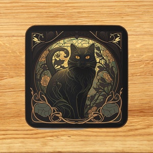 Art Nouveau Black Cat Coaster: Elegant Feline Decor