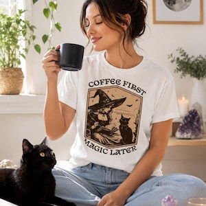 Witch and Black Cat Tee, Funny Coffee Shirt, Halloween Coffee Tea, Wicca Gift Tee, Cat Lover Gift, Witchy Tee, Black Cat Lover Gift T-Shirt