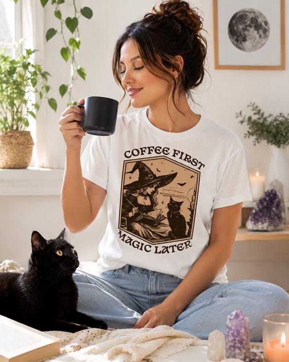 Witch and Black Cat Tee, Funny Coffee Shirt, Halloween Coffee Tea, Wicca Gift Tee, Cat Lover Gift, Witchy Tee, Black Cat Lover Gift T-Shirt