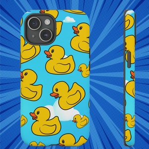 May include: A blue phone case with a pattern of yellow rubber ducks. The case has a cutout for the camera lens.