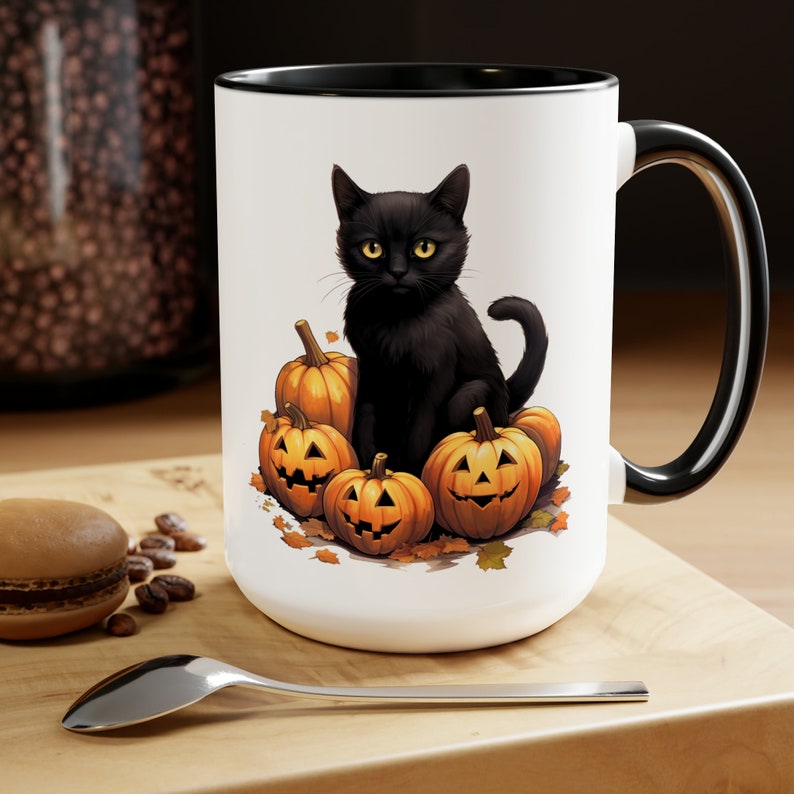 Black Cat Halloween Mug, Black Cat Pumpkin Mug, Halloween Cat Gift, Halloween Mug, Black Cat Owner Mug, Black Cat Lovers, Pumpkin Mug image 1