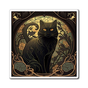 Black Cat Magnet: Art Nouveau Elegant Feline Decor