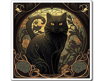 Black Cat Magnet, Black Cat, Black Cat Nouveau, Black Cat Gift, Elegant Black Cat, Black Cat Decor, Black Cat Art