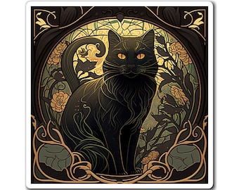 Black Cat Magnet: Art Nouveau Elegant Feline Decor
