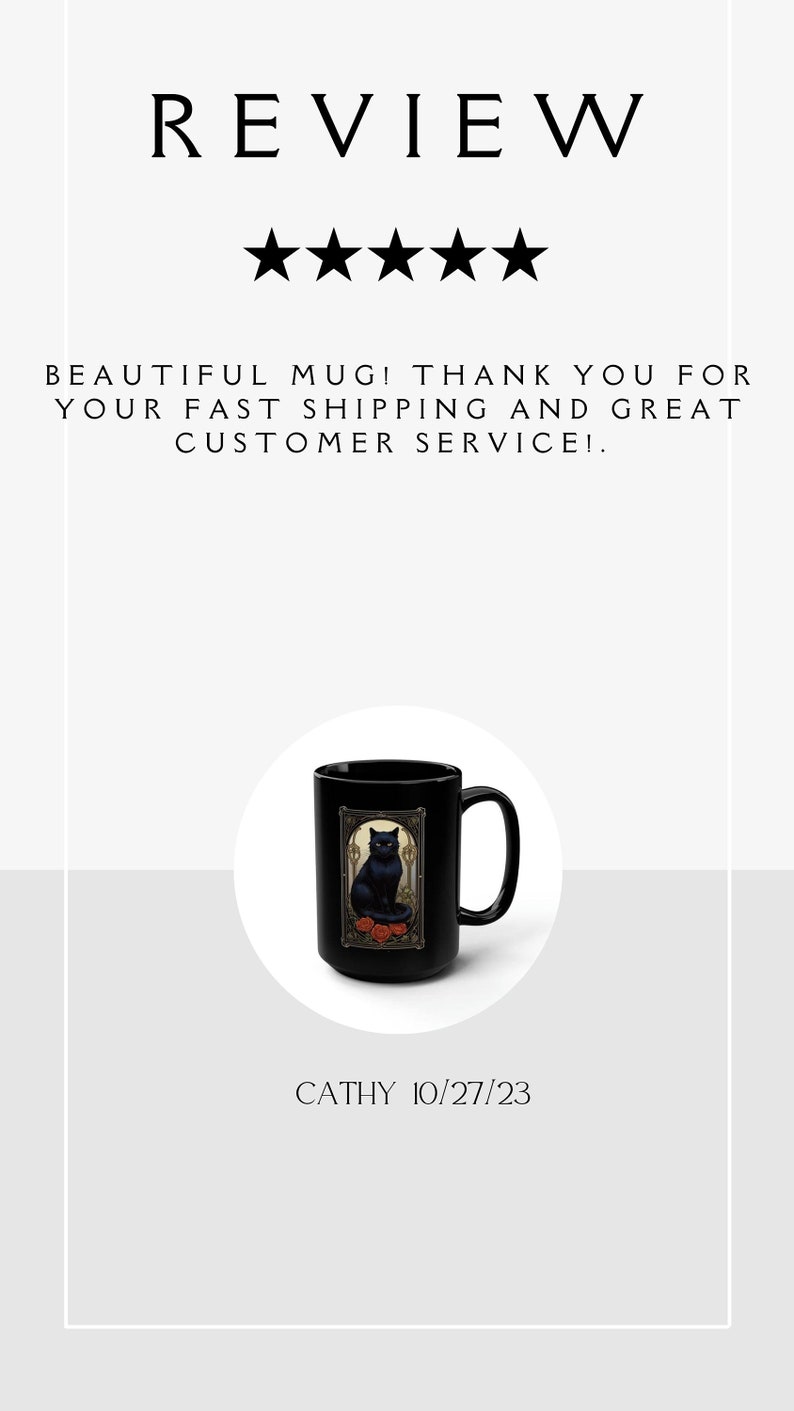 May include: Black ceramic mug with a black cat illustration and red roses. The mug has a gold trim and the text "REVIEW" and five stars are above the mug.
