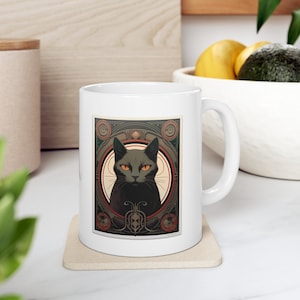 Black Cat Mug, Spooky Black Cat, Art Nouveau Cat, Cat Lovers Gift, Halloween Cat, Black Cat Gift, Cat Mom, Cat Lady Gift, Black Cat, 15oz
