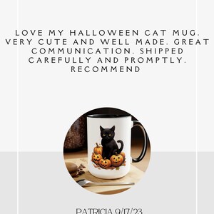 May include: White ceramic Halloween mug featuring a black cat sitting atop carved pumpkins. The mug has a black handle and rim. The word "REVIEW" is at the top, with five stars. The text "LOVE MY HALLOWEEN CAT MUG" is also visible.