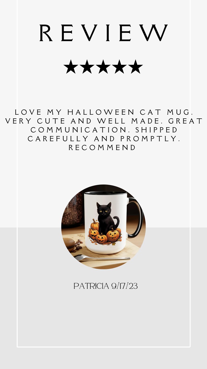 May include: White ceramic Halloween mug featuring a black cat sitting atop carved pumpkins. The mug has a black handle and rim. The word "REVIEW" is at the top, with five stars. The text "LOVE MY HALLOWEEN CAT MUG" is also visible.