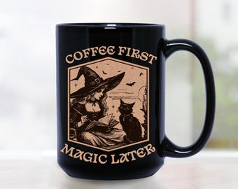 Witch and Black Cat Mug, Funny Coffee Mug, Halloween Coffee Cup, Wicca Tea Mug, Cat Lover Gift, Witchy Kitchen, Black Cat Lover Gift Mug