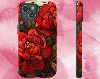 Red Peonies Floral Phone Case: Protective iPhone, Samsung, Pixel