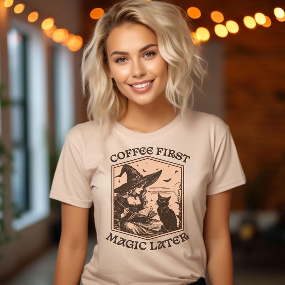 Witch and Black Cat Tee, Funny Coffee Shirt, Halloween Coffee Tea, Wicca Gift Tee, Cat Lover Gift, Witchy Tee, Black Cat Lover Gift T-Shirt