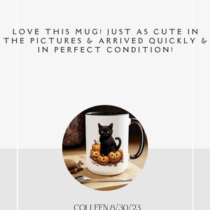 May include: White ceramic mug with a black interior and handle, featuring a black cat sitting on orange pumpkins. The word "REVIEW" is at the top, with five stars. Text reads "LOVE THIS MUG!" and "COLLEEN 8/30/23".