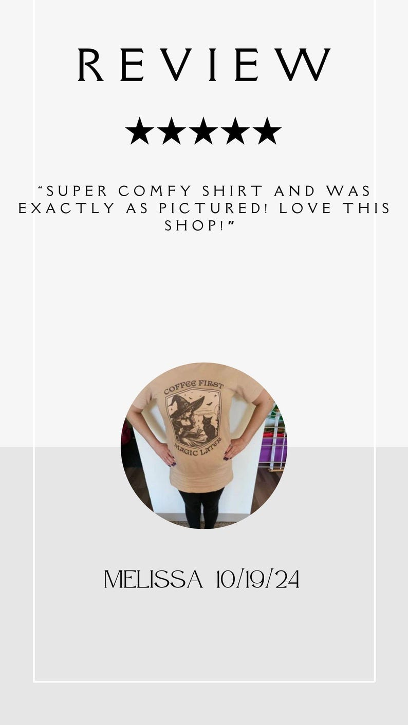 May include: A tan t-shirt with a black and white illustration of a witch and a cat. The text "Coffee First Magic Later" is printed on the shirt.