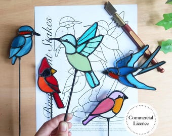 Stained Glass Bird Plant Stakes Pattern, Beginner Stained Glass Pattern, PDF & PNG Digital Download