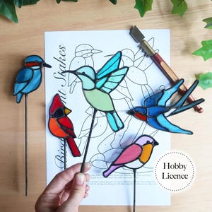 Puede incluir: Una colección de estacas de jardín de pájaros de vidrieras de colores. Los pájaros incluyen un colibrí azul, un cardenal rojo, una golondrina azul, un pájaro rosa y naranja y un pájaro azul. También se ve un papel con un patrón de pájaro y un cortador de vidrio.