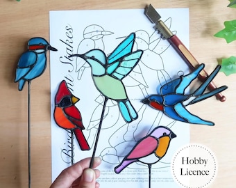 Bird Plant Stakes Stained Glass Pattern, Beginner Stained Glass Bundle, PDF & PNG Digital Download