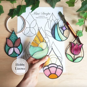 Peut inclure: Cinq ornements en verre teinté en forme de larme avec des motifs différents. Les ornements présentent un papillon, un lever de soleil, une vague, une tulipe et une fleur. Les ornements sont suspendus à une ficelle et se trouvent sur une surface en bois. Le texte "Mini Drops" et "Wild Soul Glass Studio" est visible sur un morceau de papier.