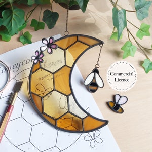 Motif de vitrail lune en nid d&#39;abeille, motifs de vitraux, téléchargement numérique, vitrail abeille, vitrail en nid d&#39;abeille