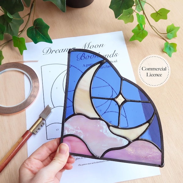 Moon Bookend Stained Glass Pattern, PDF & PNG Digital Download
