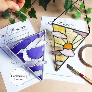 Sun and Moon Stained Glass Pattern, Stained Glass Patterns, Digital Download, Stained Glass Decor, Moon and Sun Flag Banner