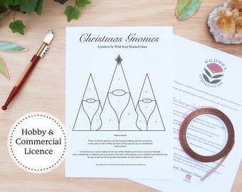May include: A printable pattern for stained glass Christmas gnomes. The pattern includes instructions and a hobby and commercial license. The pattern is by Wild Soul Stained Glass.