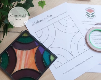 May include: A stained glass pattern called "Bohemia Star" by Wild Soul Stained Glass. The pattern is a geometric design with a star shape in the center. The pattern is printed on white paper and includes numbered sections for each piece of glass. The pattern is accompanied by a finished stained glass piece with a colorful geometric design.