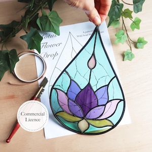 Lotus Flower Drop Stained Glass Pattern, Stained Glass Patterns, Digital Download, DIY Stained Glass, Stained Glass Decor, Stained Glass