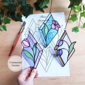 Flower Trio Stained Glass Pattern, Stained Glass Patterns, Digital Download, DIY Stained Glass, Stained Glass Moon, Stained glass flower