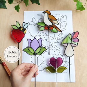 Patrón de estacas para plantas de vitral, paquete de vitrales para principiantes, patrón de pájaro, patrón de flor, descarga digital en PDF y PNG
