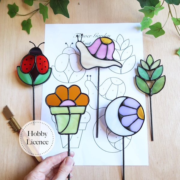 Stained Glass Plant Stakes Pattern, Beginner Stained Glass Bundle, Snail Pattern, Flower Pattern, Moon Pattern, PDF & PNG Digital Download