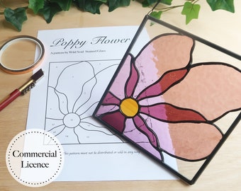 Poppy Flower Stained Glass Pattern,  PDF & PNG Digital Download