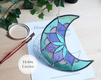 Mandala Moon Stained Glass Pattern, Beginner Stained Glass Patterns, PDF and PNG Digital Download
