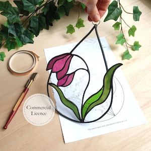 Flower Drop Stained Glass Pattern, Stained Glass Patterns, Digital Download, Flower Suncatcher, Stained Glass Decor, Stained Glass