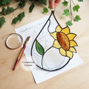 Sunflower Drop Stained Glass Pattern, Stained Glass Patterns, Digital Download, DIY Stained Glass, Stained Glass Decor